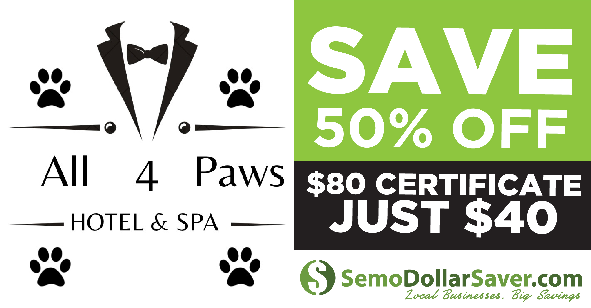 $80.00 All 4 Paws Hotel & Spa Certificate
